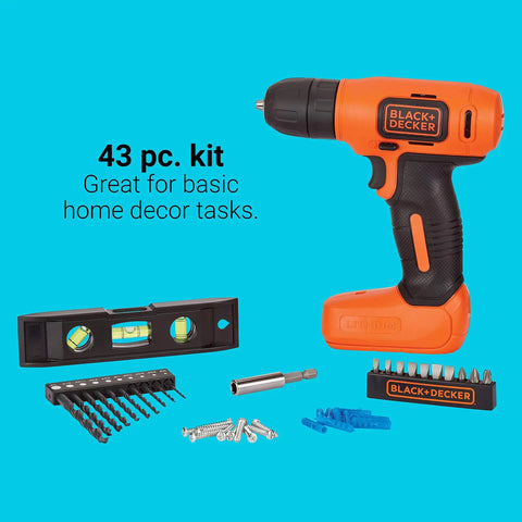 Eight Volt Max Cordless Drill With Forty Three Piece Home Decor Project Kit Including Level And Bits And Fasteners