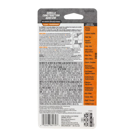 Back packaging of Max Strength Construction Adhesive Crystal Clear Two And A Half Ounce Squeeze Tube Waterproof Gap Filling