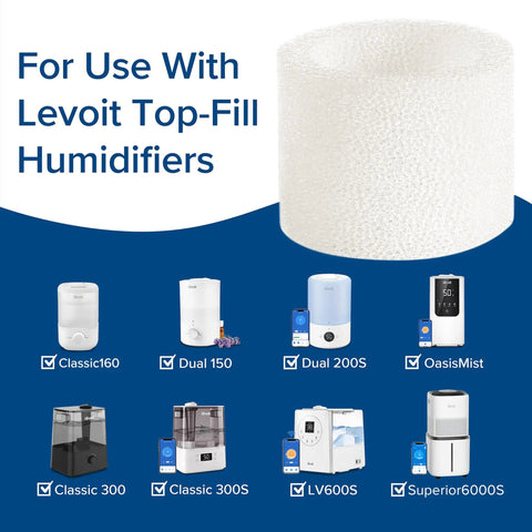 10 Pack Top Fill Humidifier Replacement Filters For Classic160 Dual150 Dual200S Classic300S LV600S OasisMist450S Superior6000S Genuine Accessory graphic showing compatible models