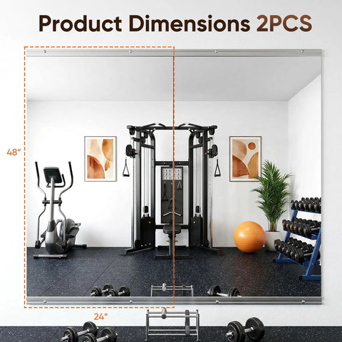 Two Piece Full Body Mirrors 48 By 24 Inches Frameless Tempered Glass Wall Mounted in home gym setup with equipment reflection