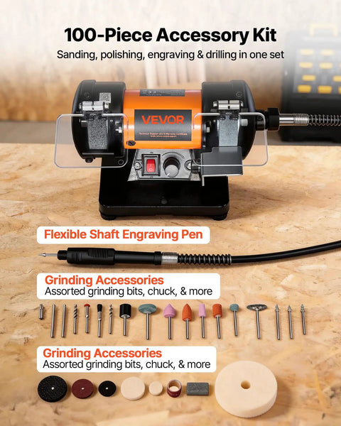 100-piece accessory kit for Heavy Duty Bench Buffer Polisher With Hella Adjustable Speed Up To 10600 Rpm for DIY tasks.