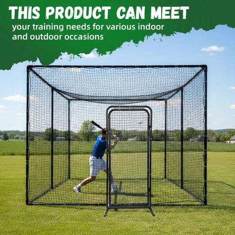 Heavy Duty Baseball Batting Cage Door With Freestanding Steel Frame For Easy Access For Baseball And Softball Cages Includes Installation Video And Simple Walk Through Entry shown on a grassy field
