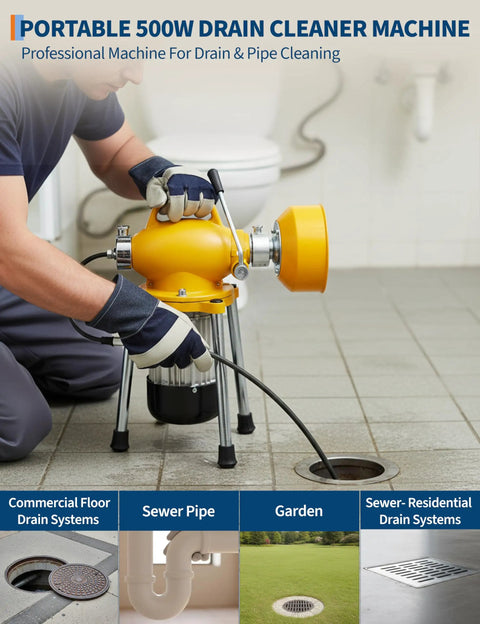 Heavy Duty Auto Feed Electric Drain Cleaner 500W Plug Chucker in use for cleaning sewer pipe and drains.