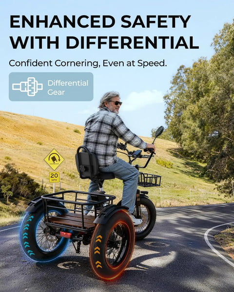 Beast Mode 750W Peak Fat Tire Electric Tricycle For Adults With Folding 20X4 Fat Tires, 48V 13Ah Battery, 50 Mile Range In PAS, UL Certified, Front And Rear Baskets, Differential, Ultra White rider on road with rear basket