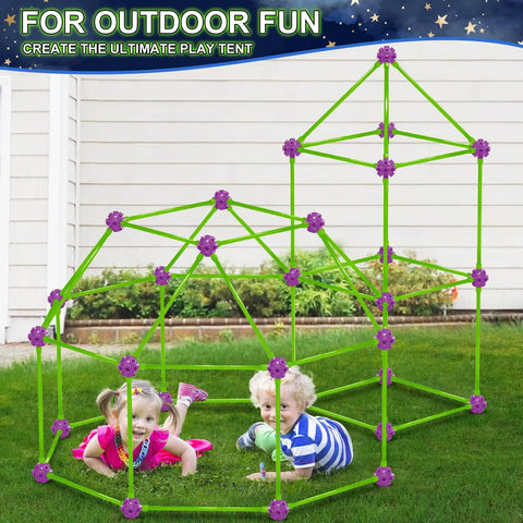 Children playing in Glow In The Dark Fort Building Kit 140 Piece STEM DIY Castle And Tunnel Build Set For Kids Ages 4 5 6 7 8 Plus