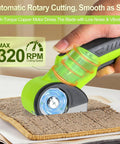 Rechargeable Cordless Electric Scissors With Sharp High Carbon Steel Blades And A Bright LED Light For Snipping Cardboard Carpet Fabric Leather And Plastic shown cutting carpet with a green handle.