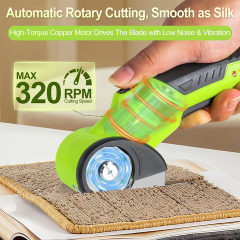 Rechargeable Cordless Electric Scissors With Sharp High Carbon Steel Blades And A Bright LED Light For Snipping Cardboard Carpet Fabric Leather And Plastic shown cutting carpet with a green handle.
