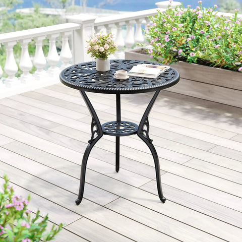 Cast Aluminum Outdoor Side Table With Umbrella Hole For Patio Garden Porch And Balcony Anti Rust Round End Table Small Coffee Table Indoor Or Outdoor Use Retro Black Finish on a deck with plants