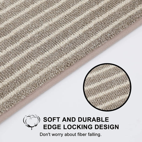 Close-up of Non Slip Stair Treads For Wood Steps, showing soft edge locking design, machine washable polyester 28 by 9 inches.