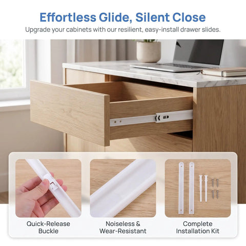 Two Piece White Plastic And Metal Drawer Slide Rail Kits With Heavy Duty Mounting Screws For Total No Sweat Diy Assembly And Smooth Kitchen Furniture Gliding, showing a drawer partially open with slides.