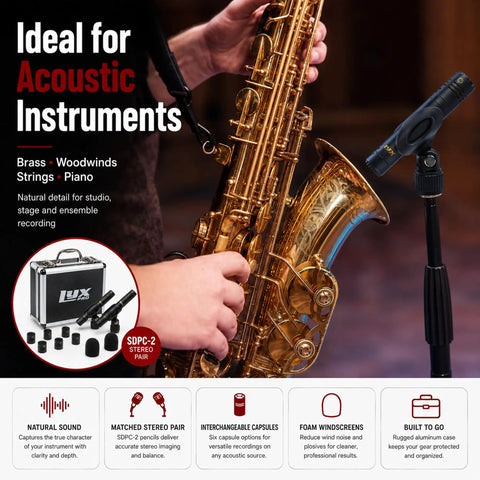 Musician playing saxophone with Stereo Pair XLR Pencil Condenser Microphones With Small Diaphragm Design on stand
