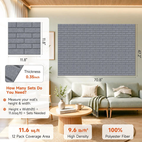 Ultimate Brick Shape Acoustic Panels Made From High Density Polyester Fiber, wall setup example, dimensions shown, soundproofing home studio