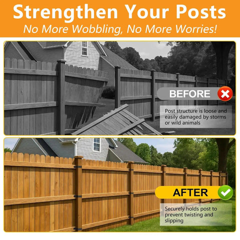 Comparison of fence before and after using Beefy 4x4 Post Brackets Set 8 Pack U Fence Brackets For 3.5x3.5 Inch Wood Posts 12 Gauge Steel Strap Ties Black Powder Coat For Wood Decks Fences Pergolas Screws Not Included, showing improved stability.