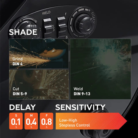 Close-up of control panel on Battery And Solar Powered Auto Darkening Welding Helmet With Wide Shade 5 8 And 9 13, showing delay and sensitivity settings.