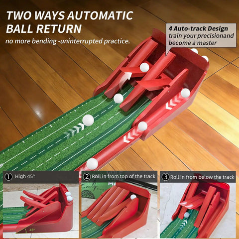 Indoor Golf Putting Mat With Auto Ball Return And 8.7 Feet Of Realistic Green Speed showing automatic ball return feature