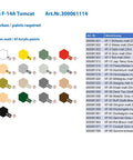 Color chart for Grumman F-14A Tomcat model kit paints, showcasing various XF-acrylic matt colors by Tamiya.