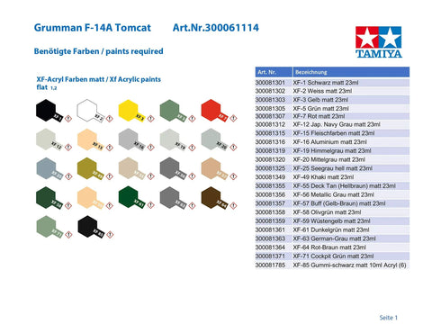 Color chart for Grumman F-14A Tomcat model kit paints, showcasing various XF-acrylic matt colors by Tamiya.