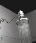 High Output Shower Filter Cartridge For Sensitive Skin And Dry Scalp installed in bathroom, silver finish, filtering water