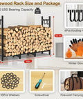 Outdoor Firewood Rack With Heavy Duty Eight-Leg Frame And 4-Foot Width, Weatherproof 600D Oxford Cover, Log Carrier, Gloves, Kindling Hooks, And All Essential Hardware, Perfect For Patio Or Deck displayed with washers, screwdriver, carrying bag, gloves, and kindling holder attachments.