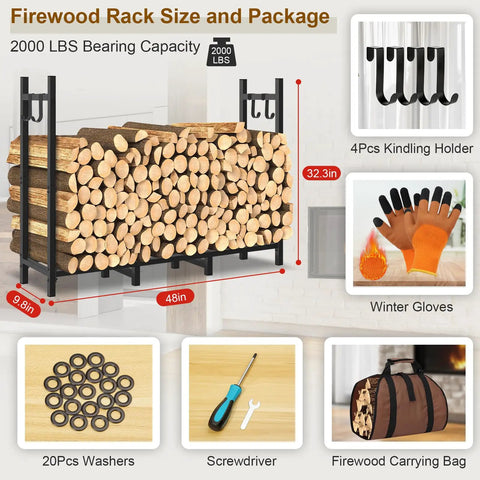Outdoor Firewood Rack With Heavy Duty Eight-Leg Frame And 4-Foot Width, Weatherproof 600D Oxford Cover, Log Carrier, Gloves, Kindling Hooks, And All Essential Hardware, Perfect For Patio Or Deck displayed with washers, screwdriver, carrying bag, gloves, and kindling holder attachments.