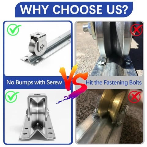 Comparison of 24 Ft Galvanized V Track For 1 In V Groove Gate Rollers with and without fastening bolts for smooth sliding gates