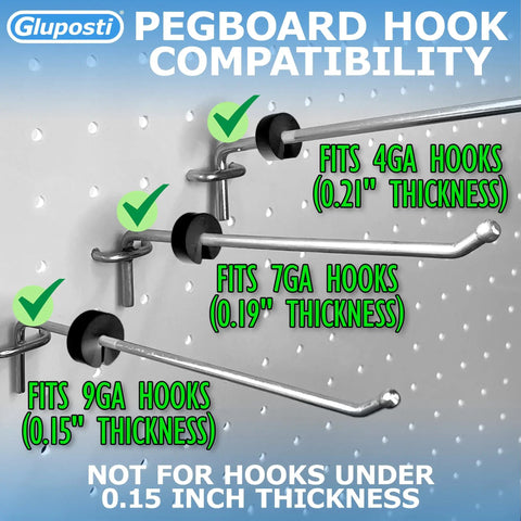 Peg Hook Stoppers For 1/4 Inch Pegboard And Slatwall Hooks No Slip Black Round Rubber Clips sizing guide on pegboard