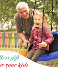 Grandfather pushing child on 40 Inch Saucer Tree Swing Flying Saucer With 900 Pound Weight Capacity Colorful Safe Durable Seat Adjustable Multi Strand Ropes 2 Added Hanging Straps Sturdy Backyard Outdoor Swing For Kids And Families