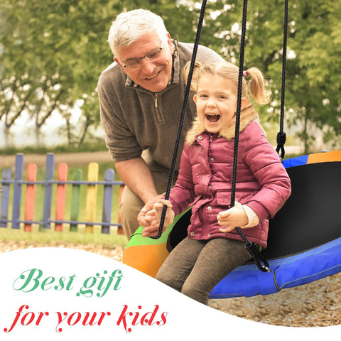 Grandfather pushing child on 40 Inch Saucer Tree Swing Flying Saucer With 900 Pound Weight Capacity Colorful Safe Durable Seat Adjustable Multi Strand Ropes 2 Added Hanging Straps Sturdy Backyard Outdoor Swing For Kids And Families
