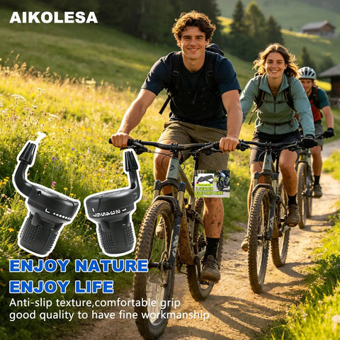 Cyclists riding with Revoshift 3x7 Speed Shifter Set For Mountain Bikes With Left And Right Levers And Non Slip Rubber Grips
