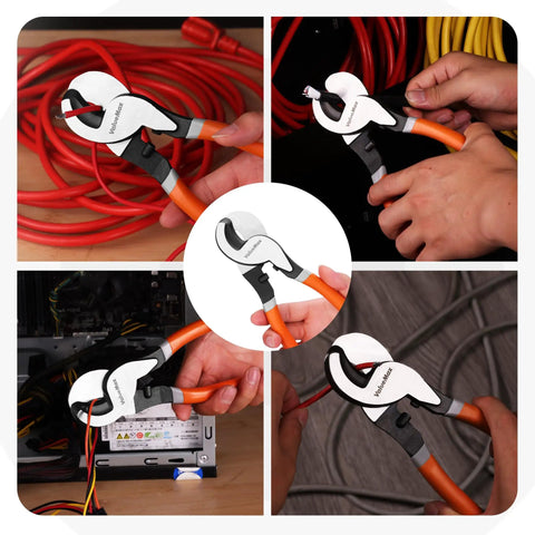 10 Inch Heavy Duty Wire Cutter Handles 4/0 Aluminum And 2/0 Copper Like A Champ Ergonomic One Hand Cable Pliers in action on red cables.