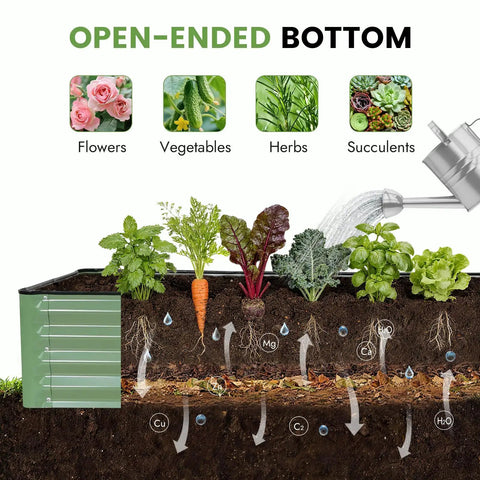 Galvanized Raised Garden Bed Kit 8x2x1 Ft Outdoor Metal Planter Box Olive Green Heavy Duty With Gloves For Vegetables And Flowers Patio Garden Bed That Resists Erosion And Drains Well In All Weather showcasing open-bottom design for drainage and nutrient flow among flowers, vegetables, and herbs.