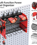 Heavy Duty Wall Mount Power Tool Organizer With Charging Station, red drill storage shelf, battery holder, 8 outlet power strip, pegboard mount