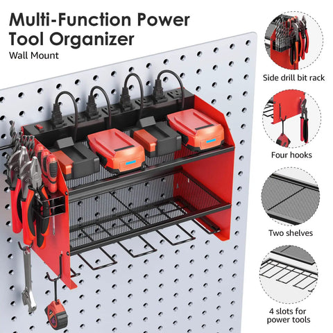 Heavy Duty Wall Mount Power Tool Organizer With Charging Station, red drill storage shelf, battery holder, 8 outlet power strip, pegboard mount