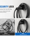 Before and after images of Tough As Nails Heavy Duty Nylon EV Charger Holder Wall Mount for secure charging cord organization.