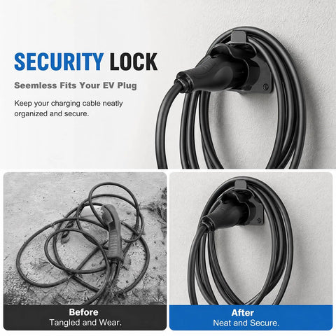 Before and after images of Tough As Nails Heavy Duty Nylon EV Charger Holder Wall Mount for secure charging cord organization.