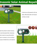 Solar Ultrasonic Animal Deterrent With Motion Sensor And LED Strobe Dual Action Critter Repeller shown in garden setting