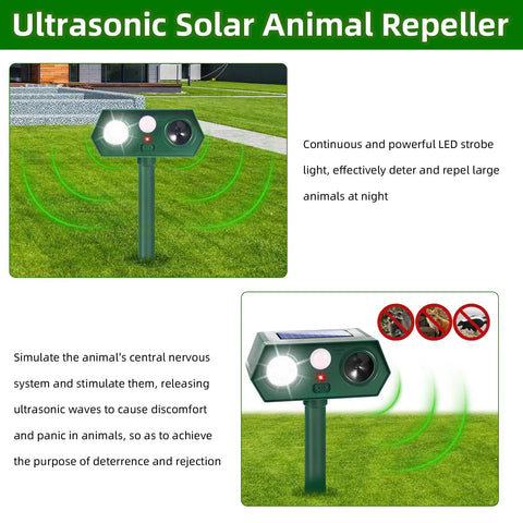 Solar Ultrasonic Animal Deterrent With Motion Sensor And LED Strobe Dual Action Critter Repeller shown in garden setting