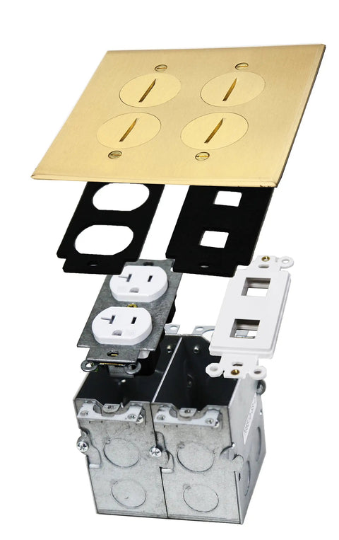 Two Gang Floor Box Kit 5 By 5 Inch With 20 Amp Tamper Resistant Receptacle Brass Data Port Watertight Gasket Disassembled View