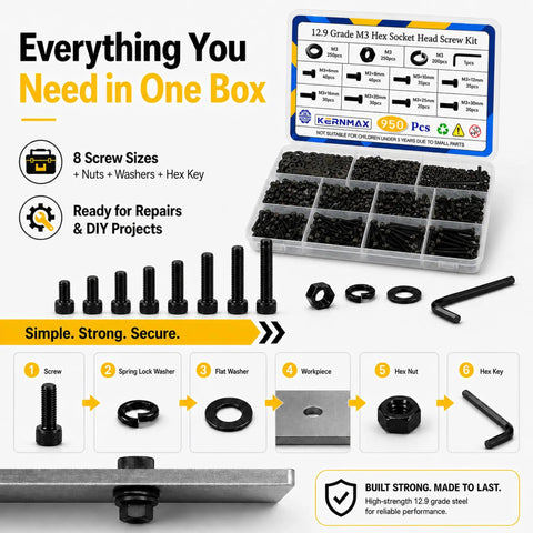 Workhorse M3 Screws Assortment Kit With 950 Pieces Hex Socket Head Bolts Nuts Washers Forged From Top Shelf 12.9 Grade Steel With Smooth Black Oxide Finish For Cnc Routers 3D Printers And Street Car Mods showing diverse sizes and components in a labeled organizer.