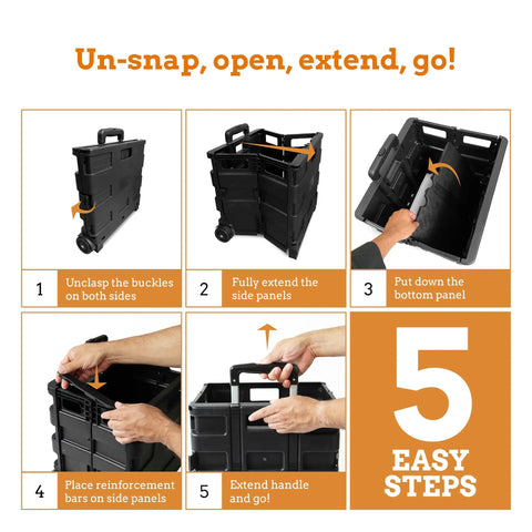 Setup steps for Ultra Slim Collapsible 2 Wheel Utility Cart With Telescopic Handle 80 Lb Load Capacity, in five images.