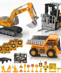 Three Piece Remote Control Construction Set With 1:64 Excavator, Dump Truck, And Forklift, Lights And Sounds, Variable Speed
