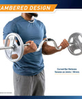 Man using Two Piece Threaded Curl Bar With Chrome Spin Lock Collars for Bicep Curls, emphasizing cambered design.