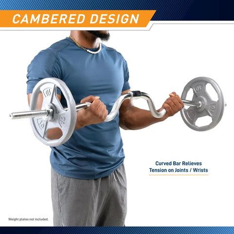 Man using Two Piece Threaded Curl Bar With Chrome Spin Lock Collars for Bicep Curls, emphasizing cambered design.