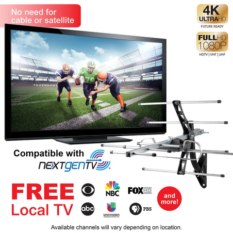Outdoor HD Digital Long Range TV Antenna with J Mount for Attic or Outdoor Use displayed next to a TV showing a sports game