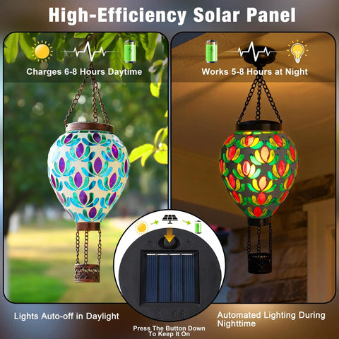 Mosaic Glass Hot Air Balloon Solar Lantern With Flickering Flame Effect And Dreamy Blue Green Purple Projections For Garden Patio