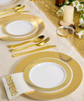Kick Back Without The Hassle Using This Heavy Duty Gold Disposable Dinnerware Set For 25 Guests With Plates Cups Napkins Silverware Bpa Free Party Pack For Weddings And Block Parties arranged on a table.