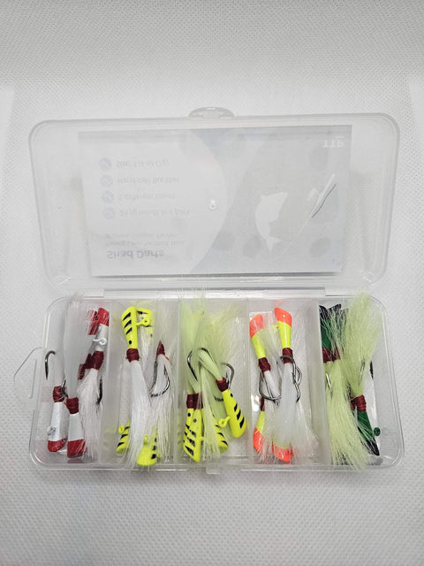 Shad Darts Fishing Lures Kit 25 Pack With One Eighth Oz Jig Heads And Bucktail Assorted 5 Colors in clear box