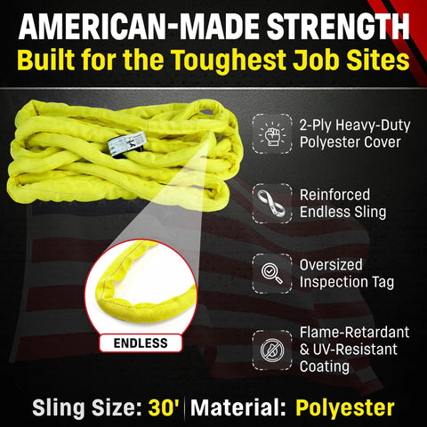 30ft Yellow Endless Round Polyester Rigging Sling For Industrial Lifting And Material Handling Beefy Heavy Duty Construction Rated 8400 Lb Vertical And 6720 Lb Choker Double Ply Cover Made In USA, yellow endless sling