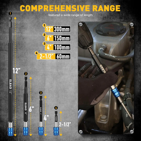 Beefed Up Heavy Duty Drill Bit Extension Set With Magnetic Bit Holder And Aluminum Sleeve Quick Release One Quarter Inch Hex Shank Includes Two Four Six And Twelve Inch Extensions Made From Durable CRV Steel shown installed in engine.