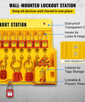 58 Piece Lockout Tagout Kit For Rock Solid Electrical Safety Featuring Industrial Station Padlocks Hasps Warning Tags Zip Ties Works Like A Charm For Heavy Duty Factory And Plant Projects wall-mounted lockout station with transparent cover and hooks for locks and tags.